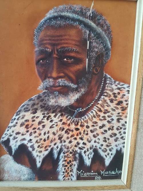 Mizram Maseko SA(1927-1994) Hand Tooled Leather Painting "Zulu Induna" Cele Clan Near Nongoma