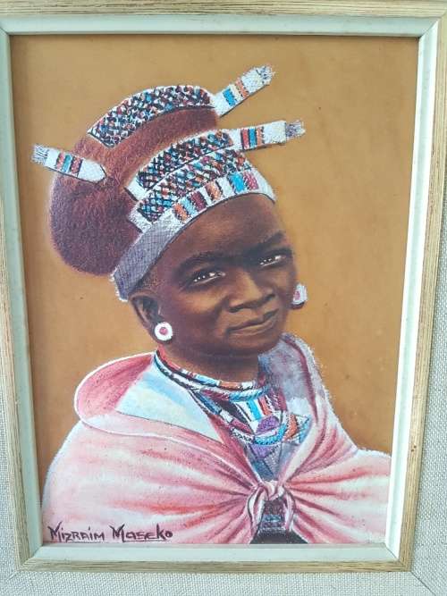 Mizram Maseko SA(1927-1994) Hand Tooled Leather Painting "Zulu Woman" Cele Clan Near Nongoma
