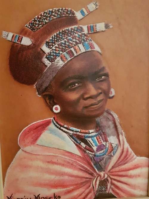 Mizram Maseko SA(1927-1994) Hand Tooled Leather Painting "Zulu Woman" Cele Clan Near Nongoma