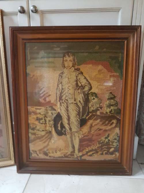 RESERVED FOR DANE A Large Framed Tapestry of Gainsborough's The Blue Boy with Petit Point detail