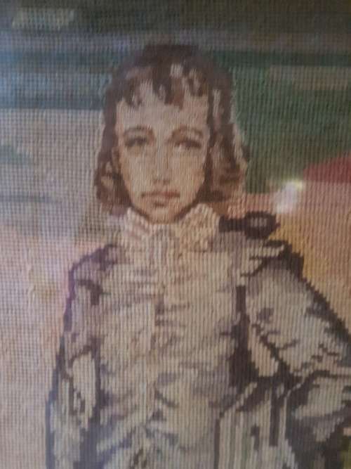RESERVED FOR DANE A Large Framed Tapestry of Gainsborough's The Blue Boy with Petit Point detail