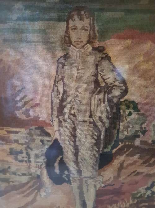 RESERVED FOR DANE A Large Framed Tapestry of Gainsborough's The Blue Boy with Petit Point detail