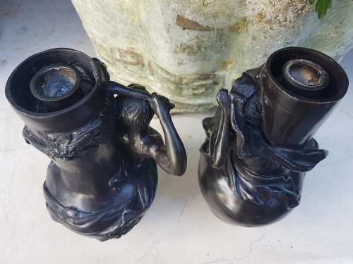 An outstanding Pair of Bronze Art Nouveau Candlestick Holders