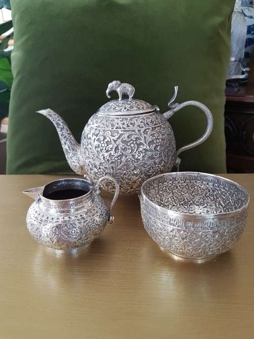 Late 19th C Indian Coin Silver Three Piece Tea Set 690grams