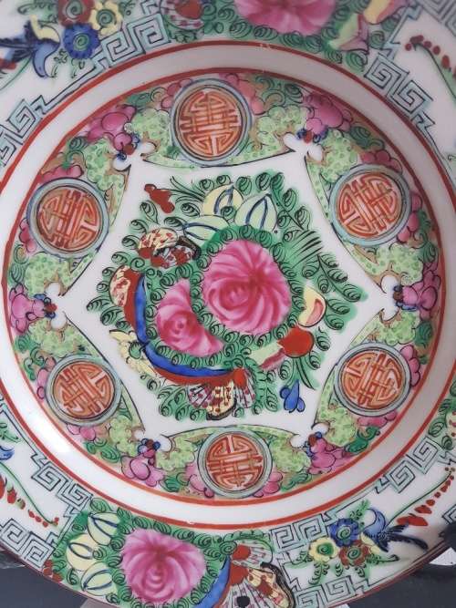 Vintage Hong Kong Decorated Familia Rose Style Plate on Stand