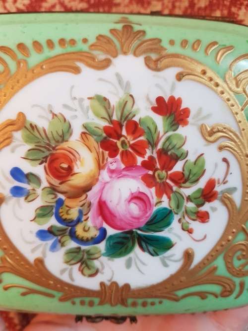 Stunner! Serves Porcelain and Ormolou Mounted Trinket Box Painted with Flowers
