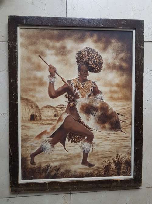 Mizraem Meseko(1927-1994)Oil on Hand tooled Leather Panel Charging Zulu Warrior