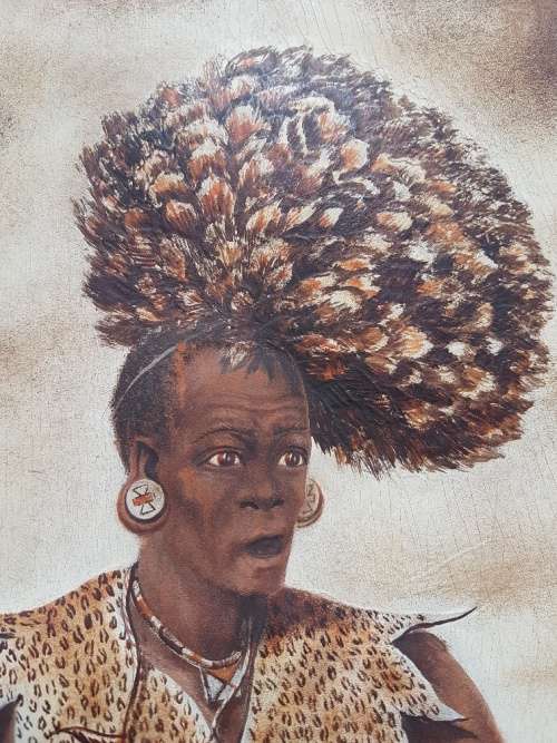 Mizraem Meseko(1927-1994)Oil on Hand tooled Leather Panel Charging Zulu Warrior