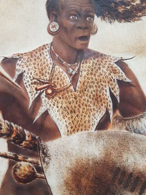 Mizraem Meseko(1927-1994)Oil on Hand tooled Leather Panel Charging Zulu Warrior