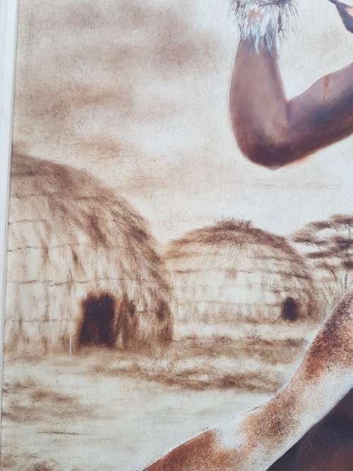 Mizraem Meseko(1927-1994)Oil on Hand tooled Leather Panel Charging Zulu Warrior