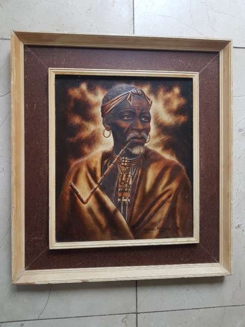 Mizraem Meseko(1927-1994)Oil on Hand tooled Leather Panel Man Smoking a Pipe