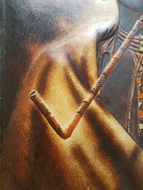 Mizraem Meseko(1927-1994)Oil on Hand tooled Leather Panel Man Smoking a Pipe