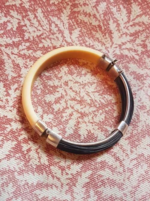 A Vintage Elephant Hair, Ivory and Silver Bangle Not for Export