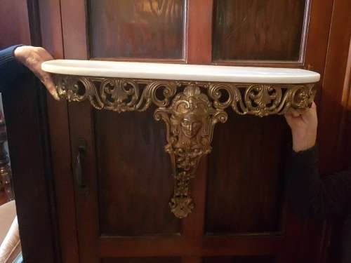 French Brass Wall Mounted Console With Marble Top