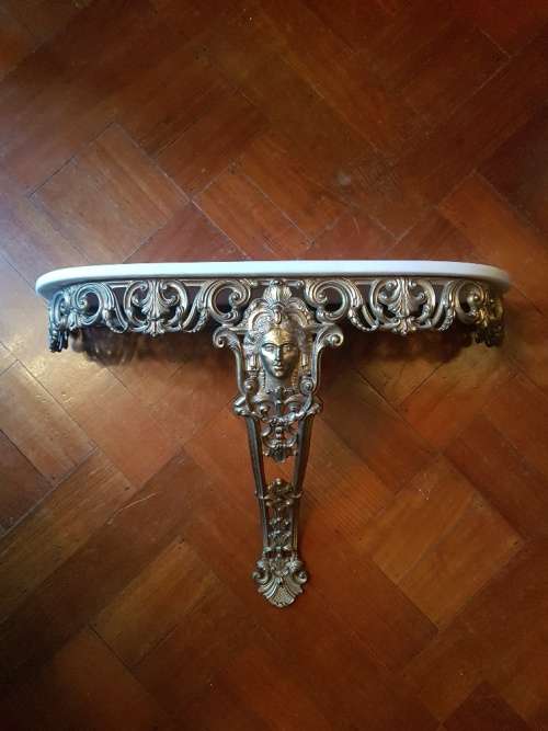 French Brass Wall Mounted Console With Marble Top