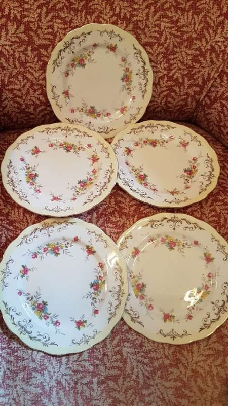 5 Queen Anne Side Plates Floral Rose Pattern and soft Yellow Colour