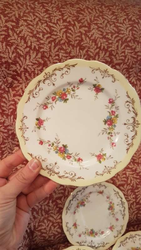5 Queen Anne Side Plates Floral Rose Pattern and soft Yellow Colour