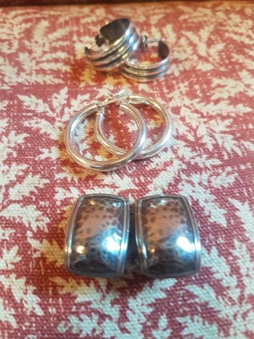 3 Silver Earringss:Italian Sterling Hoops, Ribbed Hoops and Clip ons