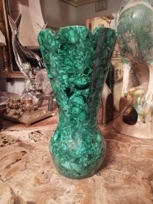 An Outstanding Carved Malachite Vase with small circular Brass Inlay