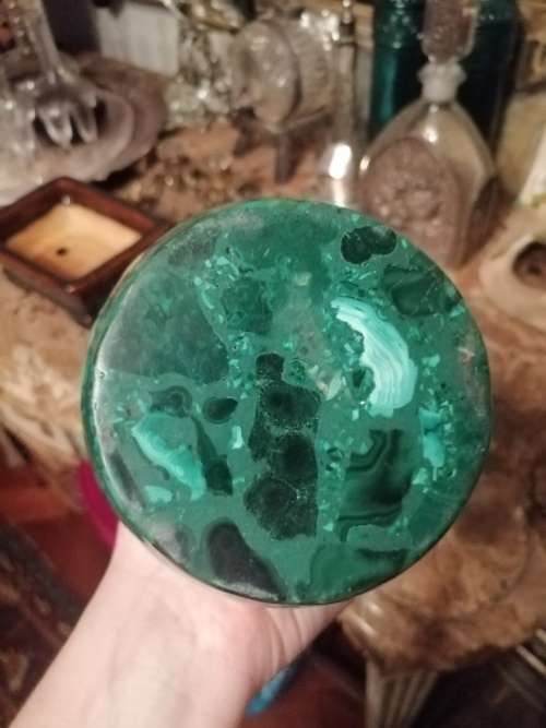 An Outstanding Carved Malachite Vase with small circular Brass Inlay