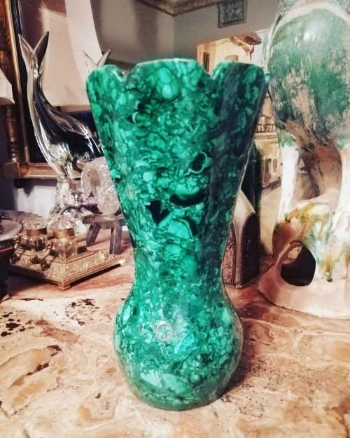 An Outstanding Carved Malachite Vase with small circular Brass Inlay