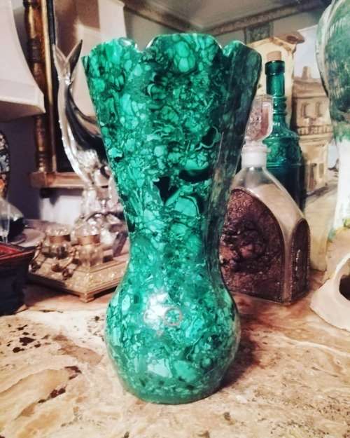 An Outstanding Carved Malachite Vase with small circular Brass Inlay
