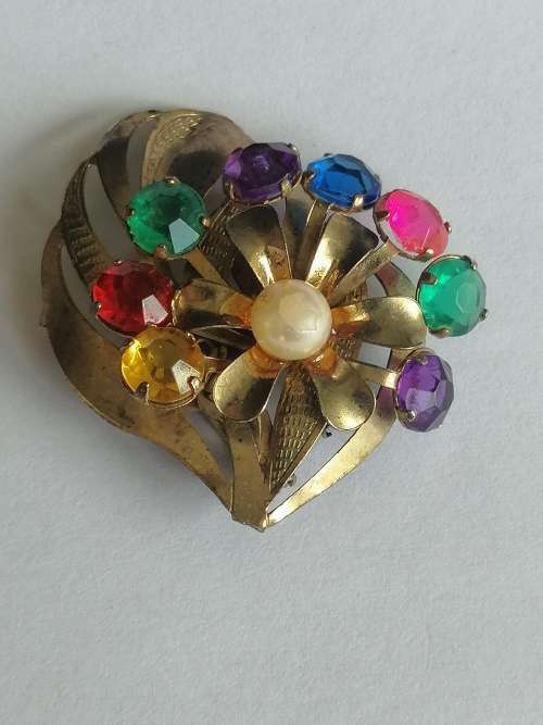 Fun colourful  Vintage Brass Brooch