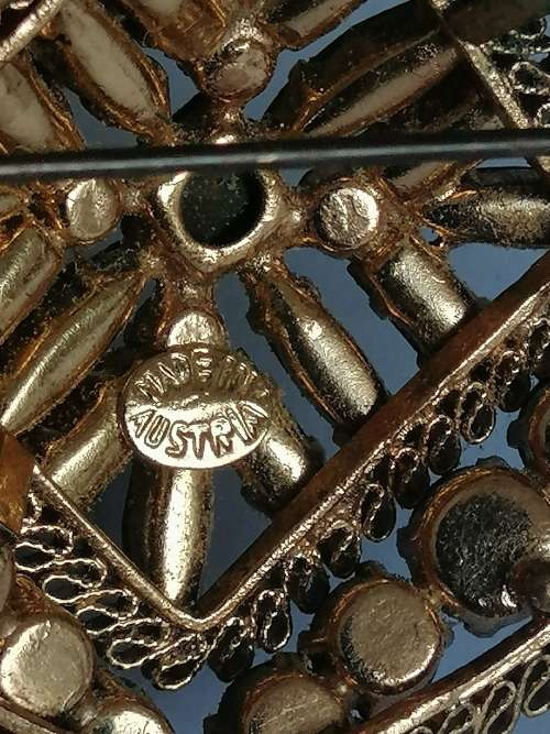 Austrian Crystal Brooch with Gold Tone Filigree Metal work