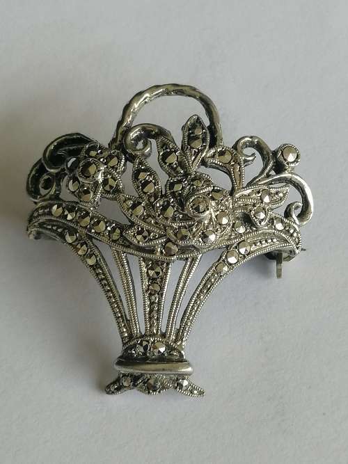 Silver and Marcasite Flower Basket Brooch