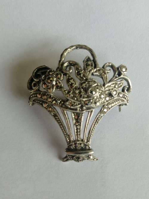 Silver and Marcasite Flower Basket Brooch