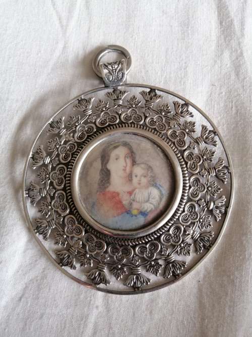 Austrian Silver Frame Pendant With Portrait of Madonna and Child Circa 1840