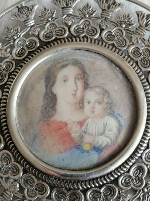 Austrian Silver Frame Pendant With Portrait of Madonna and Child Circa 1840
