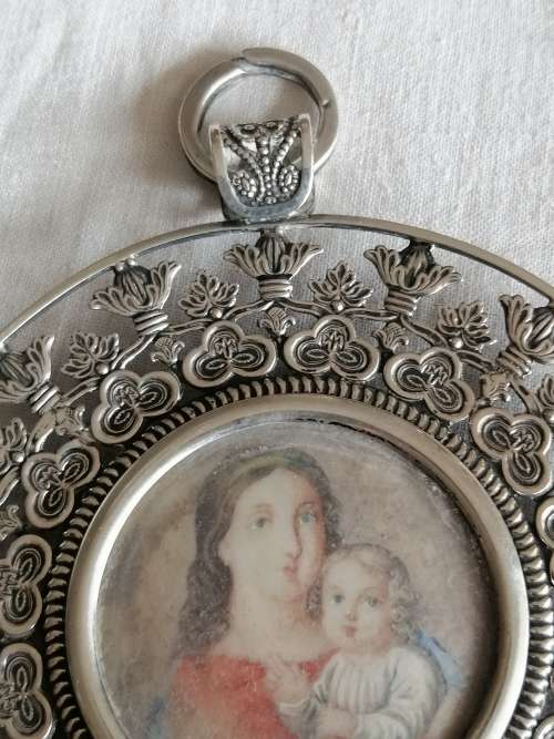 Austrian Silver Frame Pendant With Portrait of Madonna and Child Circa 1840