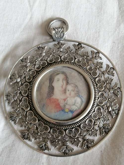Austrian Silver Frame Pendant With Portrait of Madonna and Child Circa 1840