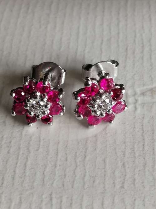 9ct White Gold Diamond and Ruby Cluster Earrings