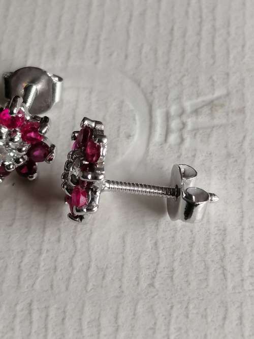 9ct White Gold Diamond and Ruby Cluster Earrings