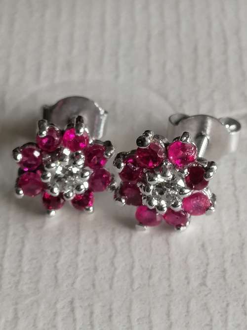 9ct White Gold Diamond and Ruby Cluster Earrings
