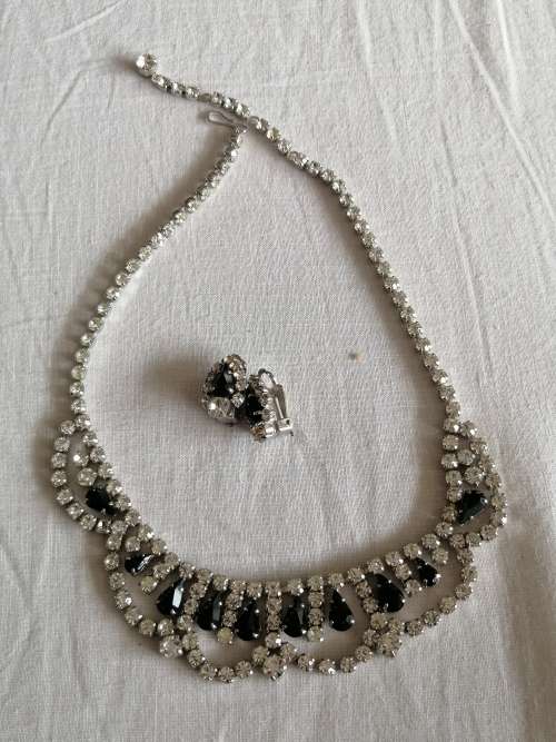 Vintage Diamate and Black Glass Necklace with Matching Earrings