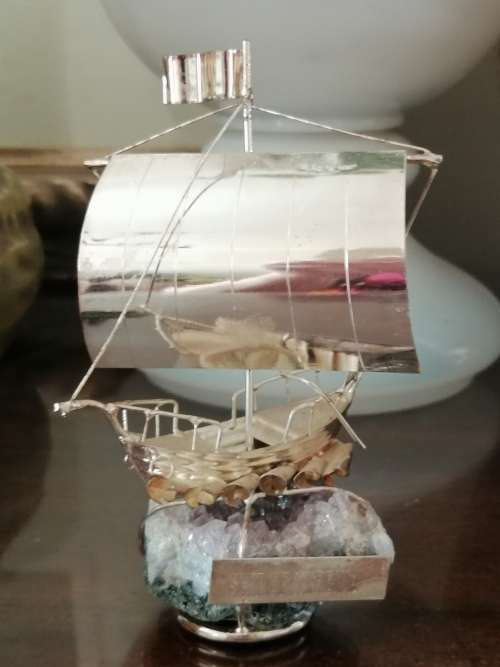 Greek Silver Model of the Ship Kyrenia on an amethyst base