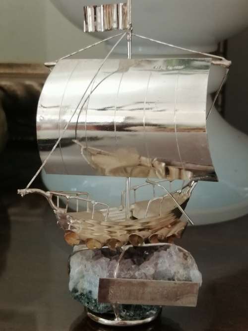 Greek Silver Model of the Ship Kyrenia on an amethyst base