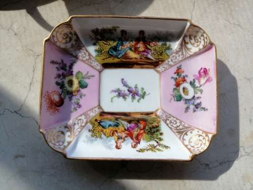 Dresden Hand painted Rectangular Trinket Dish Romantic Scene