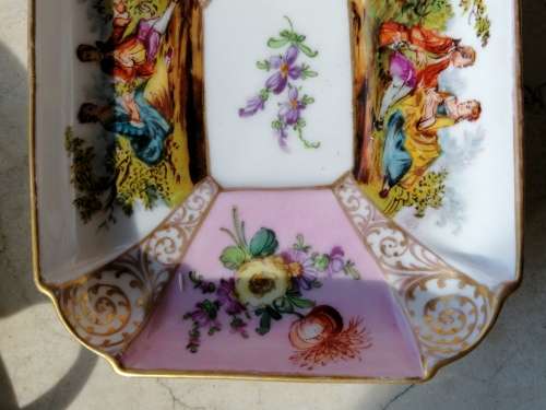 Dresden Hand painted Rectangular Trinket Dish Romantic Scene