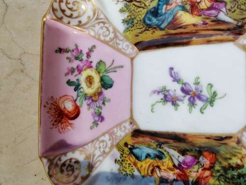 Dresden Hand painted Rectangular Trinket Dish Romantic Scene