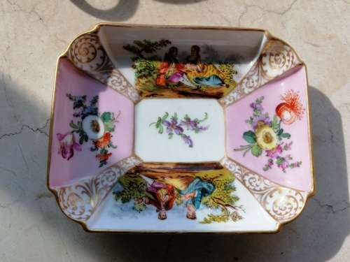 Dresden Hand painted Rectangular Trinket Dish Romantic Scene