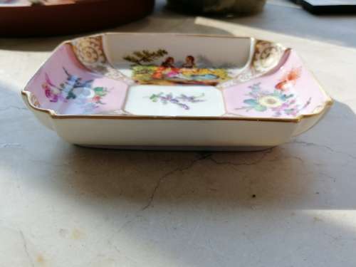 Dresden Hand painted Rectangular Trinket Dish Romantic Scene