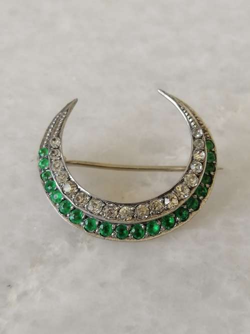Gorgeous Silver and Paste Crescent Moon Brooch