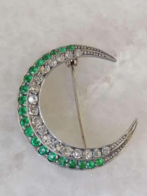 Gorgeous Silver and Paste Crescent Moon Brooch