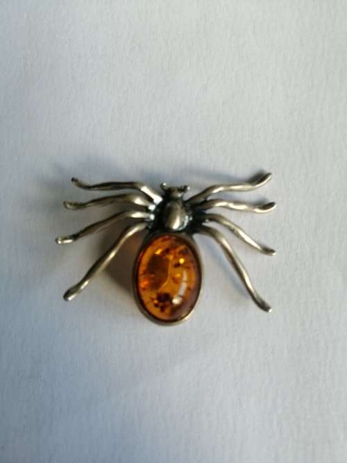 Silver and Amber Spider Brooch