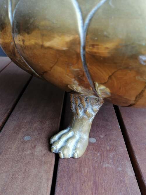 Striking English Brass Jardiniere With Embossed Detail And Robust Lion Ring Handles