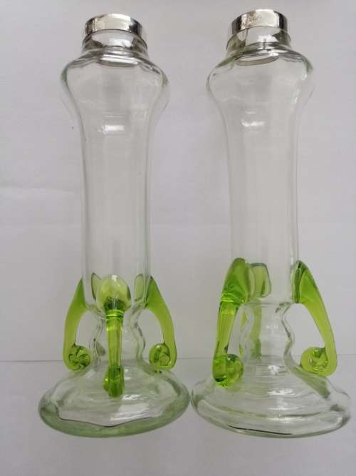 Super Cool ! A pair of Hand Blown Bud Vases with Silver Collars